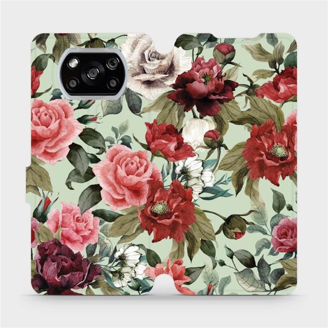 Pouzdro Mobiwear parádní flip Xiaomi POCO X3 NFC - MD06P Růže a květy na světle zeleném pozadí