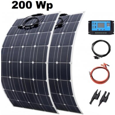 Solární set, 2x flexibilní solární panel 100Wp (celkem 200Wp), PWM Regulátor 20A, kabel pro připojení solárních panelů, kabel pro připojení k baterii 12 nebo 24V (Solární panel 100Wp, solární reguláto