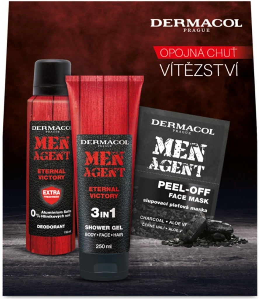 Dermacol Men Agent Eternal Victory 3v1 sprchový gel 250 ml + deodorant sprej 150 ml + slupovací pleťová maska 2 x 7,5 ml, kosmetická sada pro muže