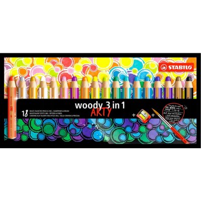 Stabilo Pastelky STABILO woody 3 v 1 ARTY- barvička vodovka voskovka- 18 ks + ořezávátko+štětec 451918 – Zboží Dáma