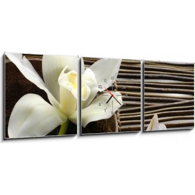 Obraz s hodinami 3D třídílný - 150 x 50 cm - bowl of orchid, petal on bamboo mat miska orchideje, okvětní lístek na bambusové rohoži – Zbozi.Blesk.cz