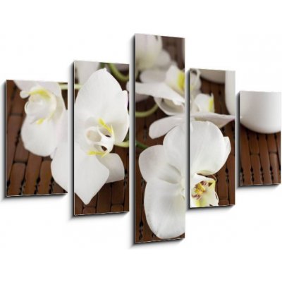 Obraz pětidílný 5D - 150 x 100 cm - Face cream and white orchid on a bamboo mate Krém na obličej a bílá orchidej na bambusové kamarádce – Zboží Mobilmania