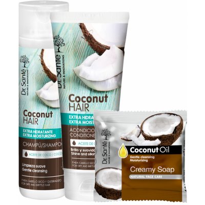 Dr. Santé Coconut čisticí šampon pro suché vlasy 250 ml + kondicionér pro suché vlasy 200 ml + čisticí tuhé mýdlo na obličej 100 g dárková sada – Sleviste.cz