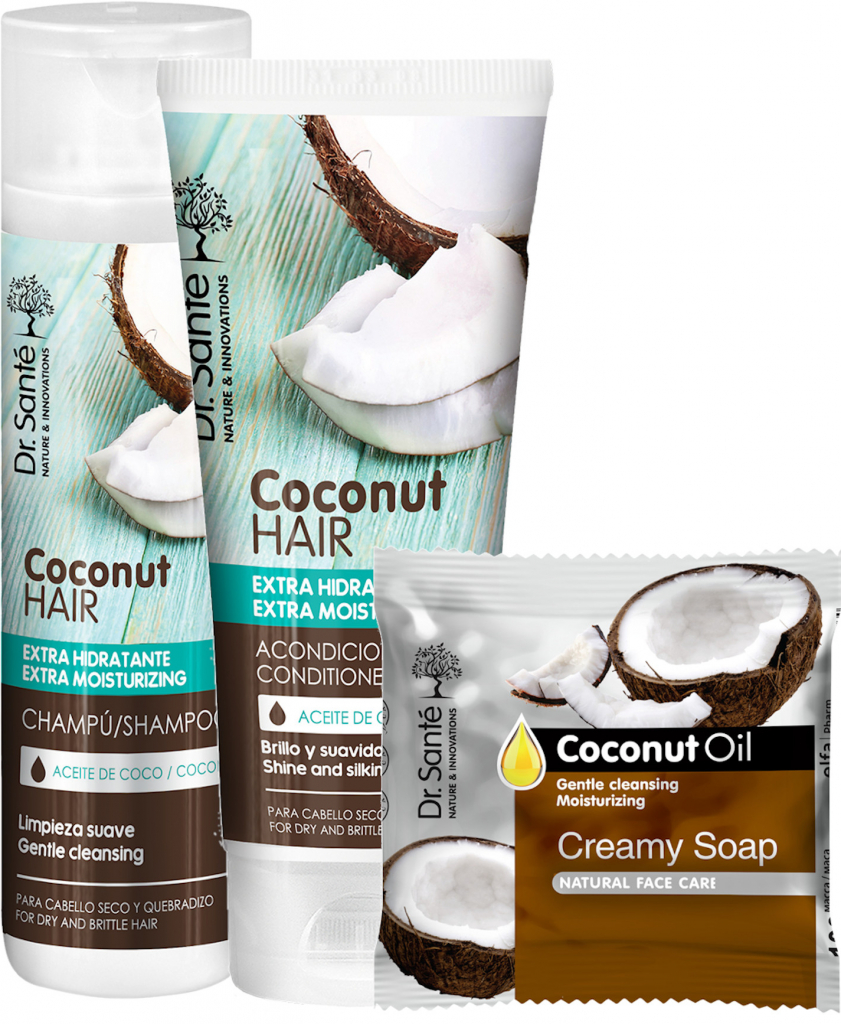 Dr. Santé Coconut čisticí šampon pro suché vlasy 250 ml + kondicionér pro suché vlasy 200 ml + čisticí tuhé mýdlo na obličej 100 g dárková sada