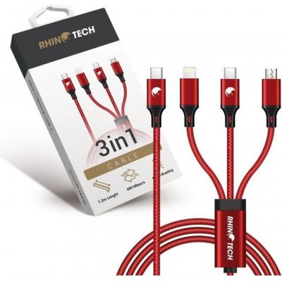 RhinoTech RTACC478 nabíjecí/datový, 3v1 USB-C (MicroUSB + Lightning + USB-C) 40W, 1,2m, červený – Zboží Mobilmania