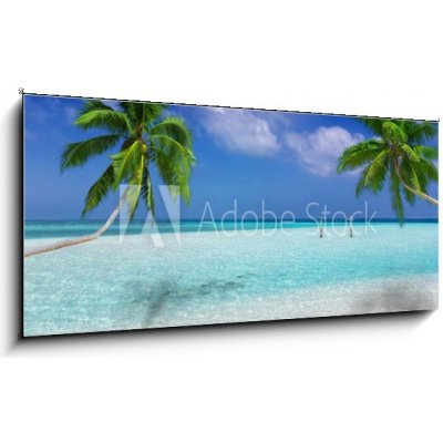Skleněný obraz 1D panorama - 120 x 50 cm - Traumstrand in den Tropen mit trkisem Meer, Kokosnusspalmen und feinem Sand Dream beach v tropech s tyrkysovým mořem, kokosový