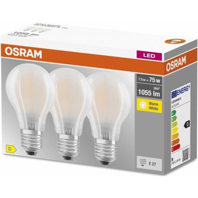 Osram 3PAK LED žárovka LED E27 A60 7,5W = 75W 1055lm 2700K Teplá bílá 300° Filament BASE – Zbozi.Blesk.cz