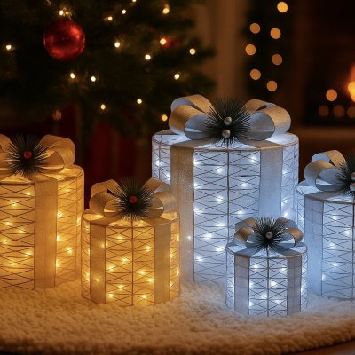 Venkovní LED oválné svítící dárky - sada 3 ks XL/L/M, 120 LED, IP44 - vánoční dekorace pod stromeček Stříbrná a bílé studené světlo – Hledejceny.cz