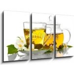 Obraz 3D třídílný - 90 x 50 cm - green tea with jasmine in cup and teapot isolated on white zelený čaj s jasmínem v šálku a čajové konvice izolovaných na bílém – Sleviste.cz