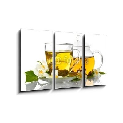 Obraz 3D třídílný - 90 x 50 cm - green tea with jasmine in cup and teapot isolated on white zelený čaj s jasmínem v šálku a čajové konvice izolovaných na bílém