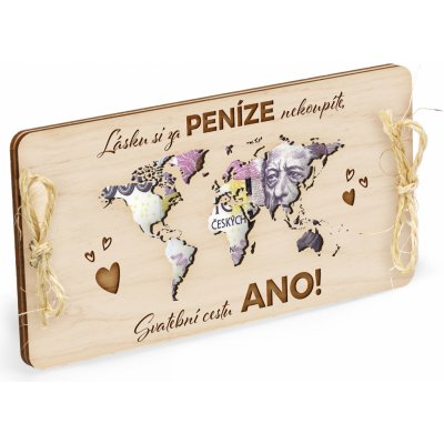 Dřevěná obálka na peníze Mapa 20x10cm - Dar na svatební cestu – Zboží Dáma