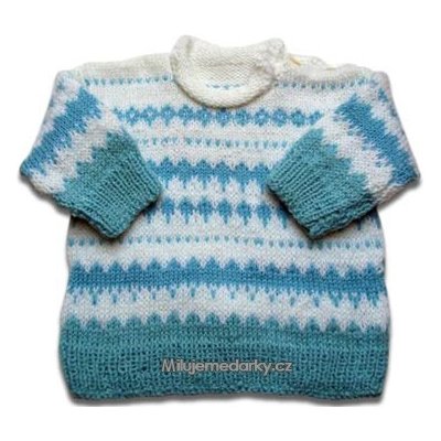 ručně pletený svetr modro-bílý s kosočtverci