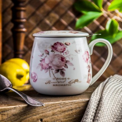 DUO Porcelánový hrnek na sypaný čaj se sítkem a pokličkou SECESE II bílý 430 ml – Zboží Mobilmania