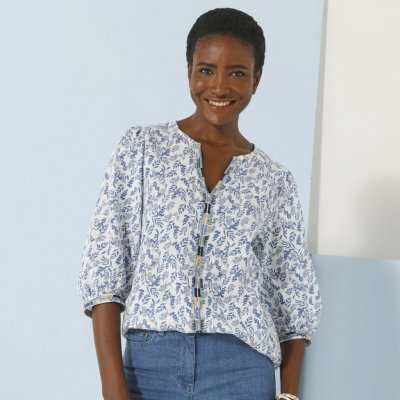 Halenka s výšivkou z bavlny s potiskem modrá – Zboží Dáma