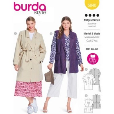 Střih Burda 5840 na dámský jarní kabát a vestu v plus velikostech - kombinace 2 střihy