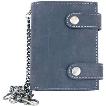 Kožená tmavě šedá peněženka se dvěma upínkami a 30 cm dlouhým kovovým řetězem a karabinkou