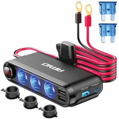 Amio Rozbočovač do auta 3x12/24V | 2x USB 4.8A | 1x USB QC3.0 | 1x USB-C PD30W + integrovaný voltmetr | Zboží Auto