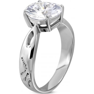 Šperky eshop zásnubní prsten z oceli 316L s velkým zirkonem a ozdobnými rýhami D7.13