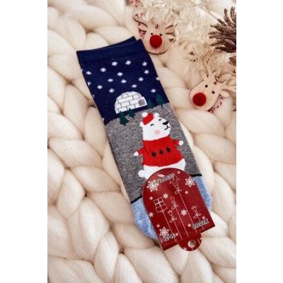 Kesi dámské ponožky Vánoční Vzory S Plyšovým Medvídkem A Iglú Šedo-Navy Odstíny šedé stříbrné || Odstíny tmavě modré