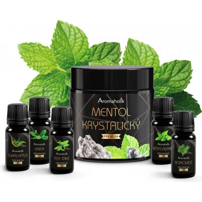 Aromaholik esenicální olej Sada 6 x 10 ml borovice, eukalyptus, máta, čajovník, kafr + mentol 40 g – Hledejceny.cz