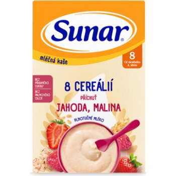 Sunar mléčná kaše s 8 cereáliemi, jahoda, malina 210 g