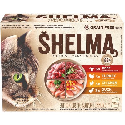 Shelma Cat kuřecí, hovězí, losos, treska 12 x 85 g – Zboží Mobilmania