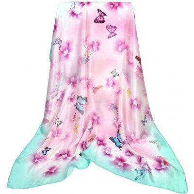 dámský hedvábný šátek duhový růžový a tyrkysový s květy a motýly