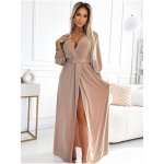Numoco Béžové dlouhé šaty s hlubokým výstřihem fiorella 536-2 – Zboží Dáma