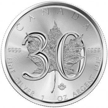 Maple Leaf stříbro stříbrná mince 5 CAD 2018 30th Anniversary 30. výročí 1988 2018 1 Oz