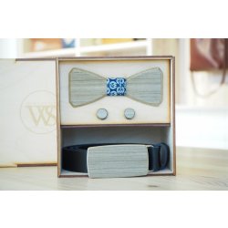Wood Style Set Hranatý Šedé hedvábí opasek motýlek a manžetové knoflíčky WS Modrotisk