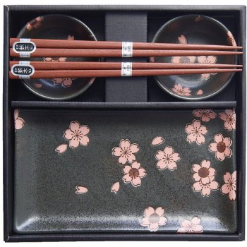 MIJ Sushi Set BLACK & PINK SAKURA DESIGN 4 pcs