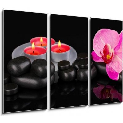 Obraz 3D třídílný - 105 x 70 cm - Spa stones with orchid flower and candles isolated on black Lázeňské kameny s orchidejovou květinou a svíčky izolované na černém – Zboží Mobilmania