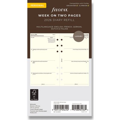 Filofax Týdenní kalendář 2026, týden/2 strany, krémová, 5 jazyků náplň osobních diářů A6 – Zboží Živě