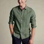 Charles Tyrwhitt Pure Linen lehká lněná košile v popelínové vazbě olive green – Sleviste.cz