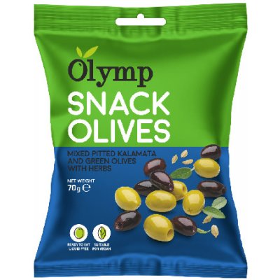 Olymp Snack Mix Kalamata tmavé a zelené olivy bez pecky s bylinkami 70 g – Zbozi.Blesk.cz
