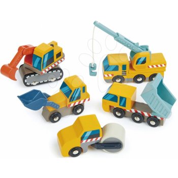 Tender Leaf Toys Dřevěná pracovní auta Construction Site válec bagr nákladní auto nakladač a jeřáb