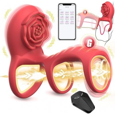 SuperLove Rose Triple Vibrating Cock Ring with Clitoral & G-Spot Stimulation & Remote Red – Zboží Dáma