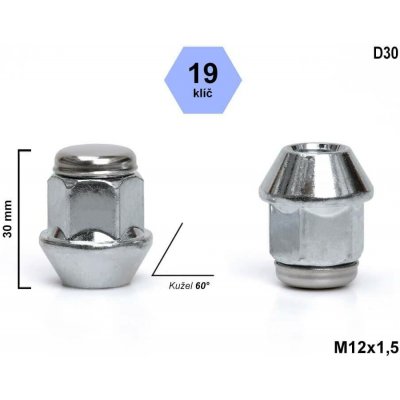Kolová matice M12x1,5 kužel , klíč 19, D30 výška 30 mm | Zboží Auto