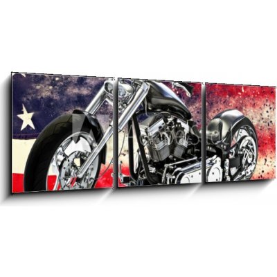 Obraz 3D třídílný - 150 x 50 cm - Custom black motorcycle with American flag background with dispersion effects. Made in America concept. 3d rendering Vlastní černý moto – Hledejceny.cz