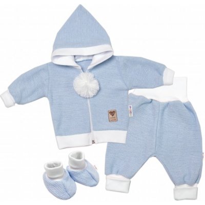 Baby Nellys 3-dílná souprava Hand made pletený kabátek kalhoty a botičky modrá