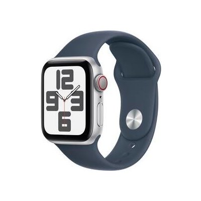 Chytré hodinky Apple Watch SE 2023 GPS + Cellular 44mm pouzdro ze stříbrného hliníku - bouřkově modrý sportovní řemínek - M/L (MRHJ3QC/A)