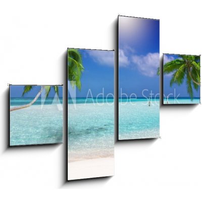 Obraz 4D čtyřdílný - 120 x 90 cm - Traumstrand in den Tropen mit trkisem Meer, Kokosnusspalmen und feinem Sand Dream beach v tropech s tyrkysovým mořem, kokosovými palma