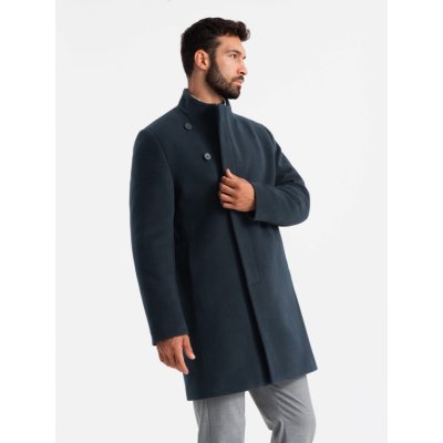 Ombre Clothing pánský kabát s asymetrickým zapínáním a vysokým límcem tmavě modrý – Zboží Dáma