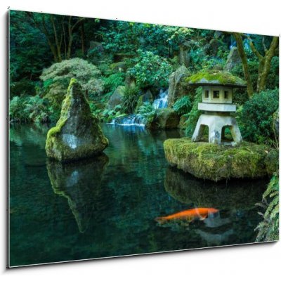 Obraz 1D - 100 x 70 cm - A Lantern and Waterfall in the Portland Japanese Garden Lucerna a vodopád v japonské zahradě v Portlandu – Zboží Mobilmania