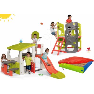 Smoby set hrací centrum Fun Center se skluzavkou a prolézačka Multi-Activity Tower s tyčí a pískovištěm 310059-30