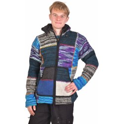 Sanu Babu vlněný unisex svetr s kapucí a kapsami na zip barevný patchwork černá