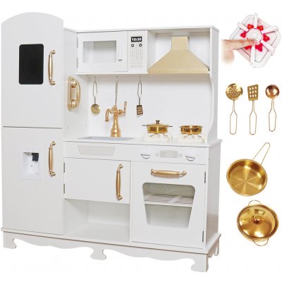 Derrson XXL Dětská dřevěná kuchyňka interaktivní bílo-zlatá W5259 – Zboží Dáma