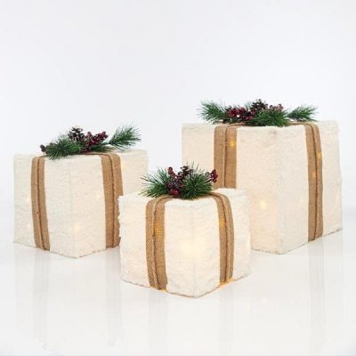 Eurolamp vánoční dekorace osvětlené dárkové krabičky s bílou kožešinou set 3 ks 15 20 25 cm – Zboží Mobilmania