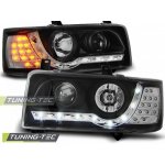 PŘEDNÍ SVĚTLOMETY, SVĚTLA, LAMPY VOLKSWAGEN T4, 1990-2003, LED DAYLIGHT, ČERNÉ BLACK + LED BLINKR