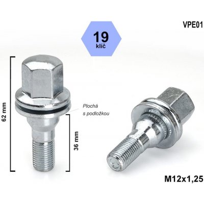 Kolový šroub M12x1,25x36 , VPE01 CITROËN, PEUGEOT s plochou podložkou, klíč 19, výška 62 mm